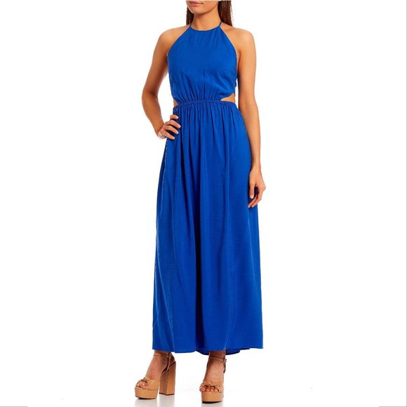 GIANNI BINI Trina Maxi DRESS M L XL Halter Sleeveless Cut Out Tie Back Blue NEW - Picture 3 of 6